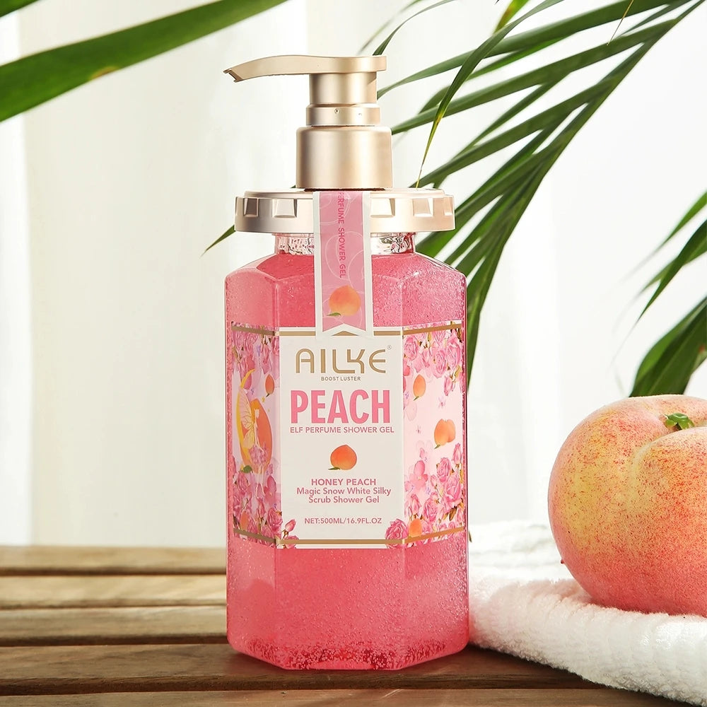 AILKE peach Shower gel women body wash care best Moisturizing Exfoliating  brightening Scrub fragrant Shampoo bath foam female