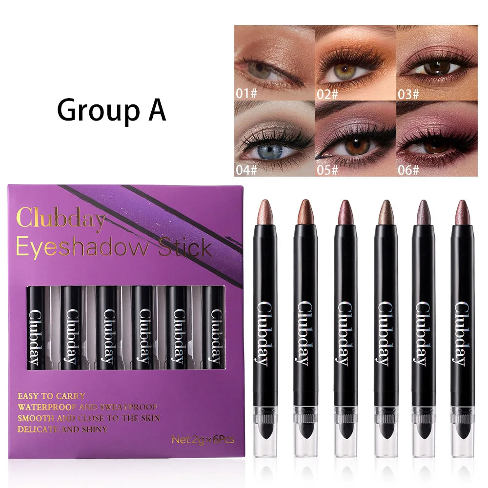 6-Piece 9-Color Eye Shadow Stick Set with 8-Color Pearlescent And 1-Matte Sleeping Silkworm Contour Highlight Eyeshadow Sticks