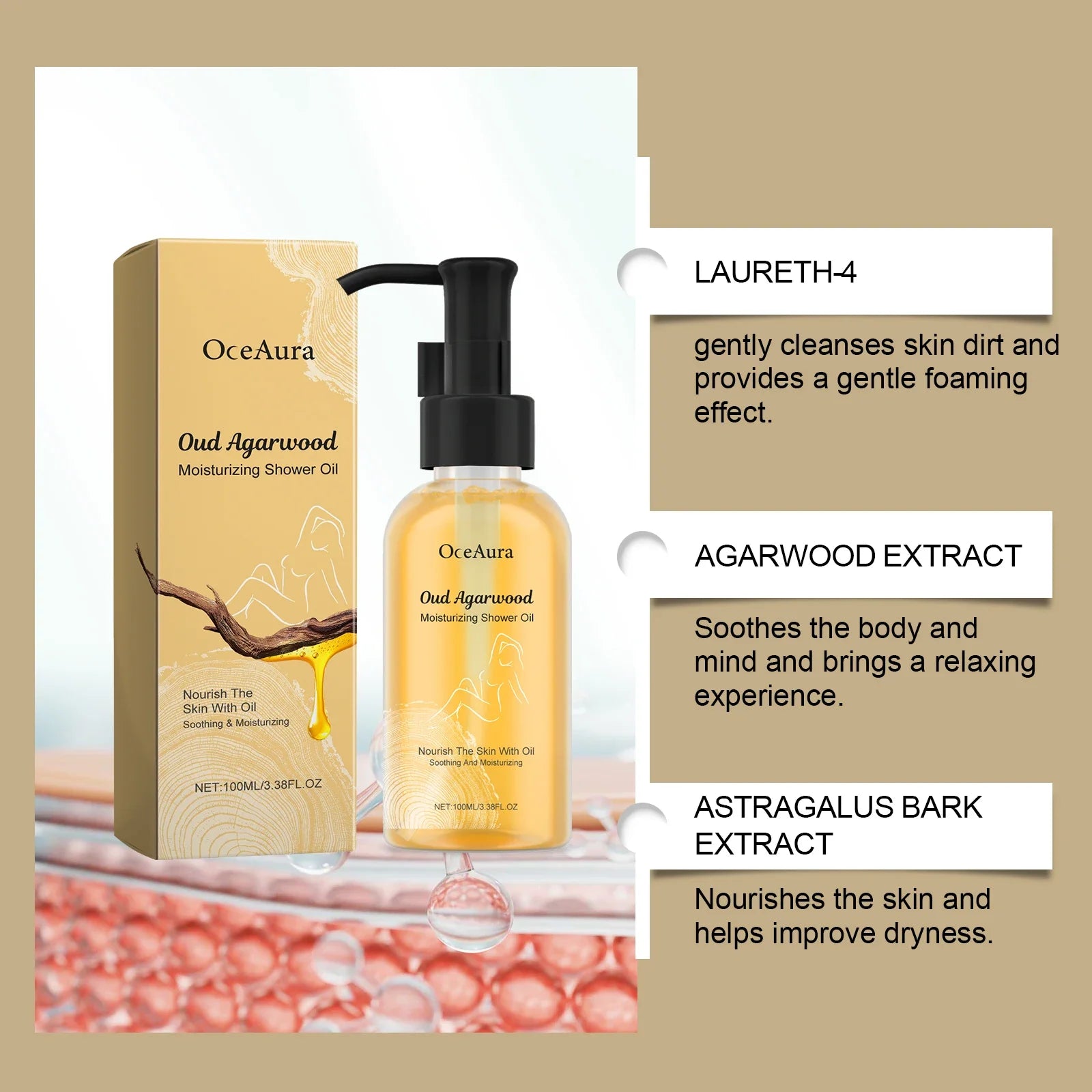 Agarwood Moisturizing Shower Oil - Luxurious Hydrating Body Wash for Dry Skin - Nourishing & Soothing Formula -100ml / 3.38FL OZ