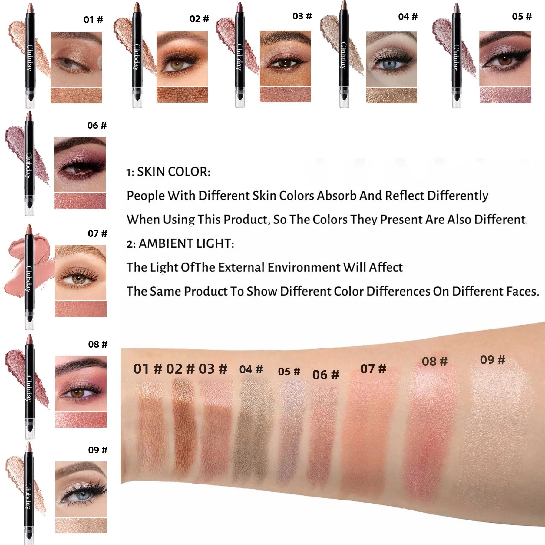 6-Piece 9-Color Eye Shadow Stick Set with 8-Color Pearlescent And 1-Matte Sleeping Silkworm Contour Highlight Eyeshadow Sticks