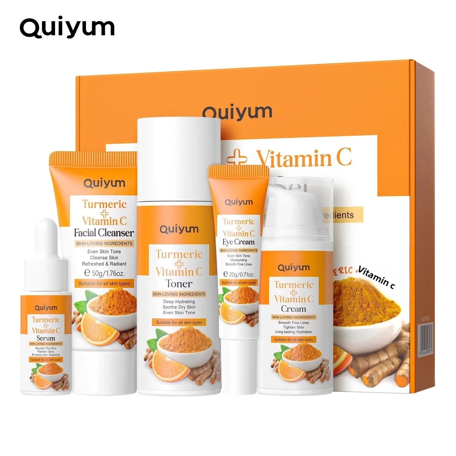 Quiyum 5PCS Set Facial Moisturizer - Turmeric & Vitamin C Skin Care for Brightening Hydrating - Anti-Aging Beauty Essentials