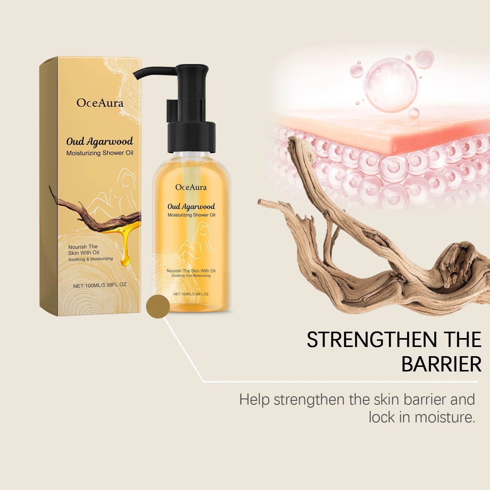 Agarwood Moisturizing Shower Oil - Luxurious Hydrating Body Wash for Dry Skin - Nourishing & Soothing Formula -100ml / 3.38FL OZ