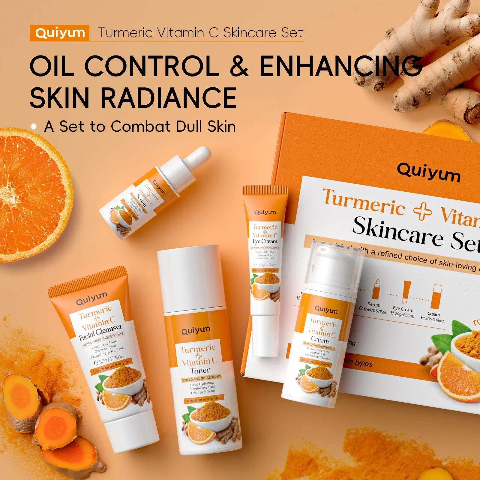 Quiyum 5PCS Set Facial Moisturizer - Turmeric & Vitamin C Skin Care for Brightening Hydrating - Anti-Aging Beauty Essentials