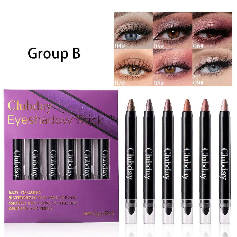 6-Piece 9-Color Eye Shadow Stick Set with 8-Color Pearlescent And 1-Matte Sleeping Silkworm Contour Highlight Eyeshadow Sticks